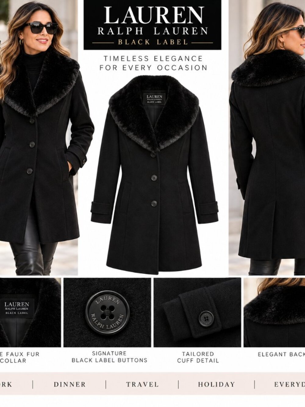 Lauren Ralph Lauren Walker Black Label Sz 8 Faux Fur Collar Wool Coat Classic